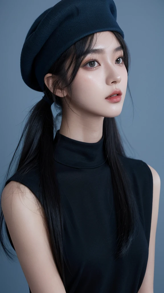 korean model , slim body , 167cm ，Movie Angle，long black ponytails hairstyle, （Cute girls，anatomy correct，blue tshirt），(blue beret hat)（ art，geomerty），（plethora of colorest quality，high detal，tmasterpiece，Cinematic lighting effects，4K，Chiaroscuro）