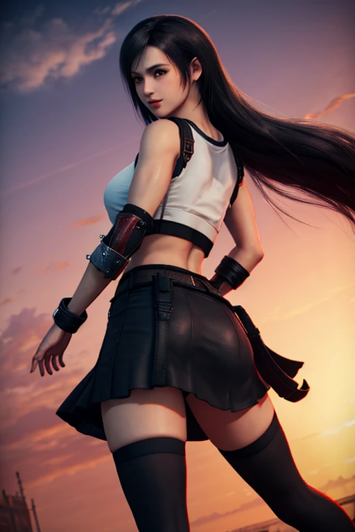 masterpiece, best quality, tifa, (red eyes:0.6), black thighhighs, taut clothes, (looking back:1.2), crop top, ass, skirt, twilight, floating hair, 