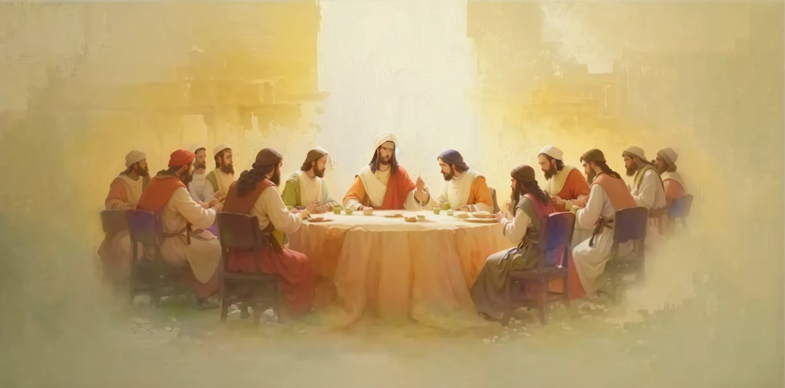 a painting of a group of people sitting around a table, holy supper, watercolor, calling, religious painting, clothed figures sitting around a table, bible illustration, watercolor style