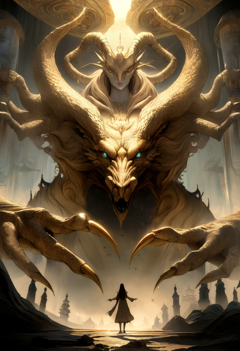 (best quality,8K,Very detailed,Surreal:1.2),Chinese scenery,In front of a huge five-clawed golden dragon,Hands outstretched,Messy long hair,Glowing Effects,Surreal,中国黑白ink风格,brilho prata,Soft colors,Makeup is dirty,ink,Very detailed,high resolution,Physically Based Rendering