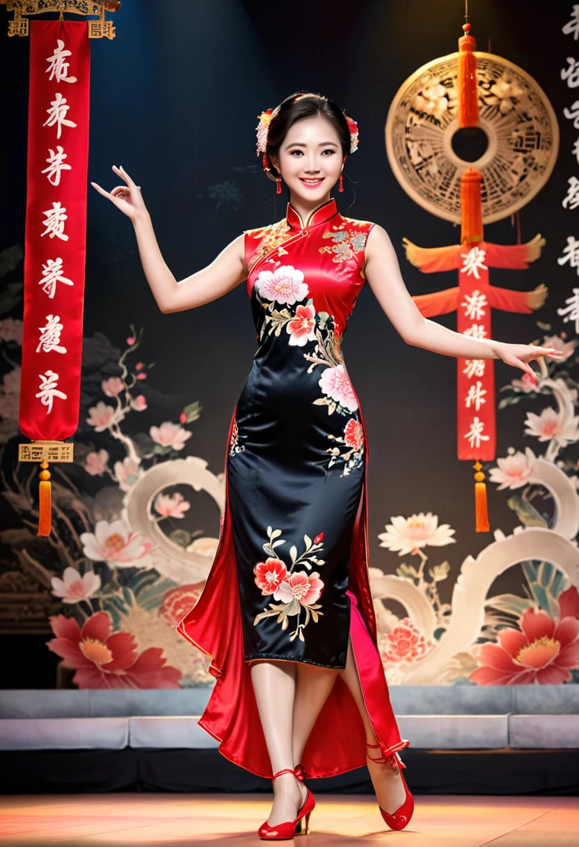 photography, with a full body photo of a woman wearing a qipao dancing gracefully in a dance performance with Chinese elements as the theme. She is elegant and enthusiastic, with stage and lighting in the background. The girl's smile and dance steps are highlighted, and the pattern of the qipao and other artistic elements are in the background, (masterpiece, best quality, Professional, perfect composition, very aesthetic, absurdres, ultra-detailed, intricate details:1.3)