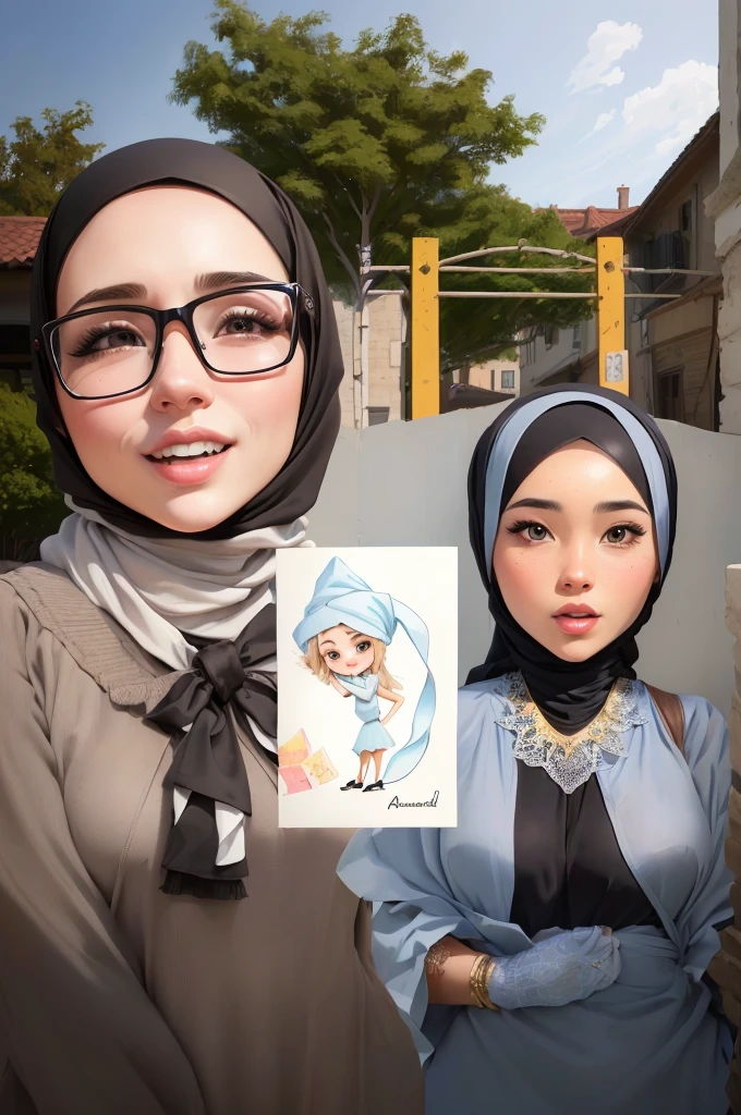 cartoon of a woman and a girl holding a big card, Wearing hijab, Beautiful sky, full protrait, potrait, caricature illustration, inspired by JoWOnder, wide portrait, protrait, digital art cartoon, realism artstyle, caricature, caricature style, caricature!!!, cartoon artstyle, by Abidin Dino, chibi, realism art, scandy and arender
