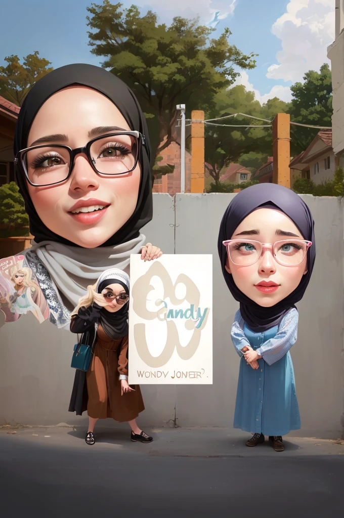 cartoon of a woman and a girl holding a big card, Wearing hijab, Beautiful sky, full protrait, potrait, caricature illustration, inspired by JoWOnder, wide portrait, protrait, digital art cartoon, realism artstyle, caricature, caricature style, caricature!!!, cartoon artstyle, by Abidin Dino, chibi, realism art, scandy and arender