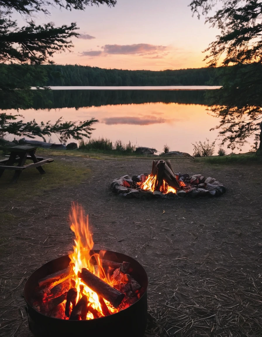 there is a campfire with food and a tent in the background with sunset purely, campfire in background, camp fire, peaceful environment, campsites, setting in nature, summer setting, summer lake setting, all in the amazing outdoors view, at a campfire in the forest, outdoors setting, serene environment, summer evening, outdoor campfire pit, barrel fires and tents, beautiful environment, campfire