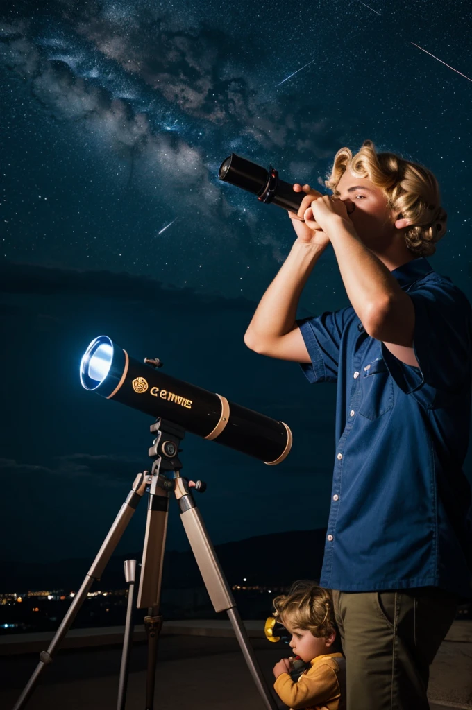 Blonde boy with curlers watching telescope under neon starry sky