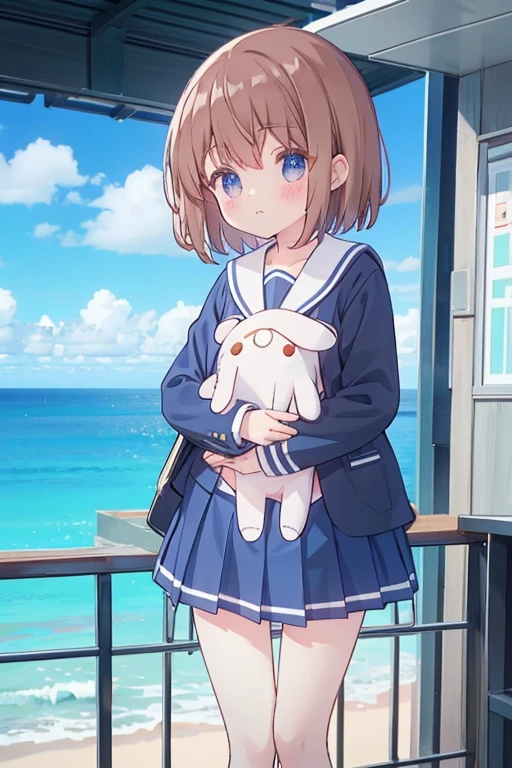 uniform、mini skirt、Ocean、Holding a stuffed animal、whole body