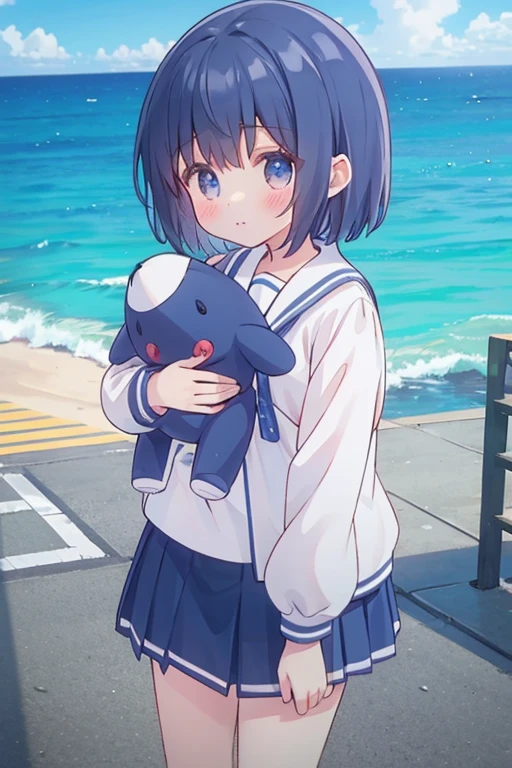 uniform、mini skirt、Ocean、Holding a stuffed animal、whole body