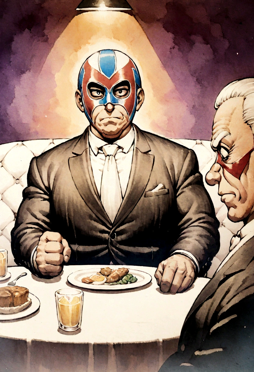 Jim Davis cartoon Illustration of a bulky man wearing a suit and a lucha libre wrestling mask, sitting at a dinner table