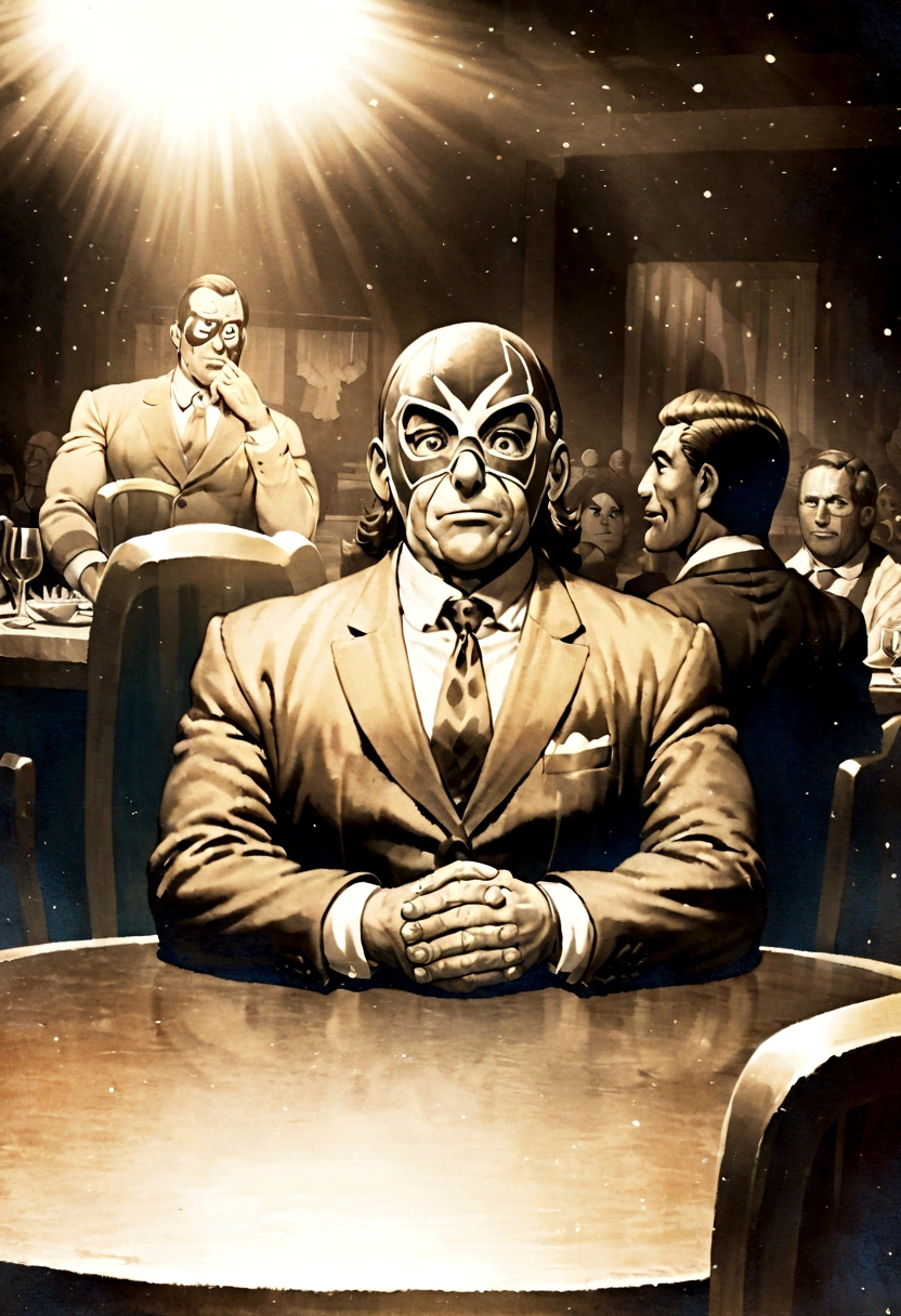 Jim Davis cartoon Illustration of a bulky man wearing a suit and a lucha libre wrestling mask, sitting at a dinner table