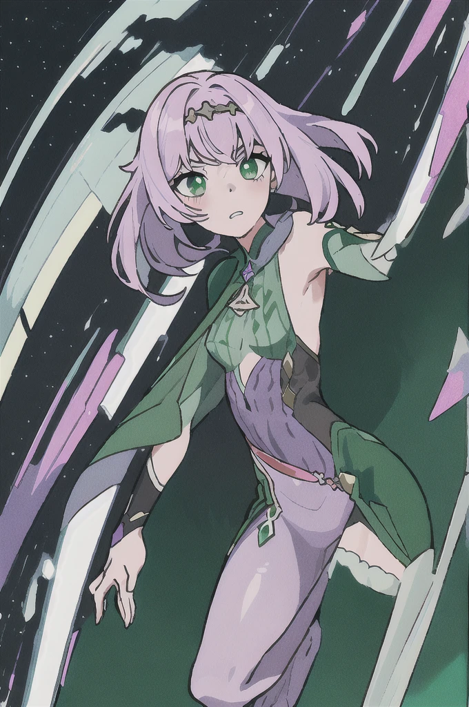 create a full-body female Genshin Impact character, with medium hair down to the waist in pink, skin fair, green eyes mixed with purple, her clothes at the top are a dark green bodysuit along with a semi-decorated dress in green and white., part of the dress covers the shoulders but half leaves the front uncovered, showing the dark green bodysuit, she is from the dendro element