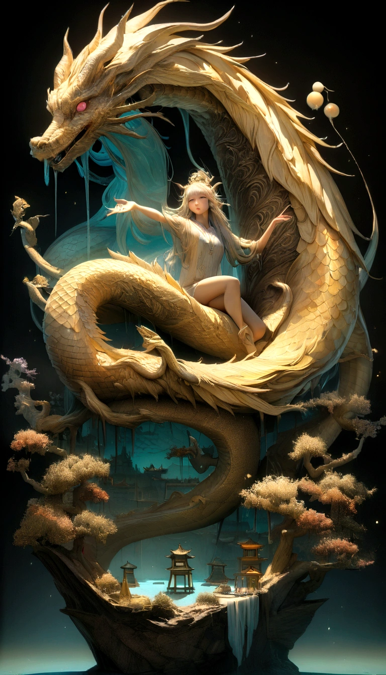Princess (blonde hair, wearing a long dress, holding a magic wand), background (forest, moon), Chinese dragon (one, five-clawed golden dragon, two wings), princess riding a dragon