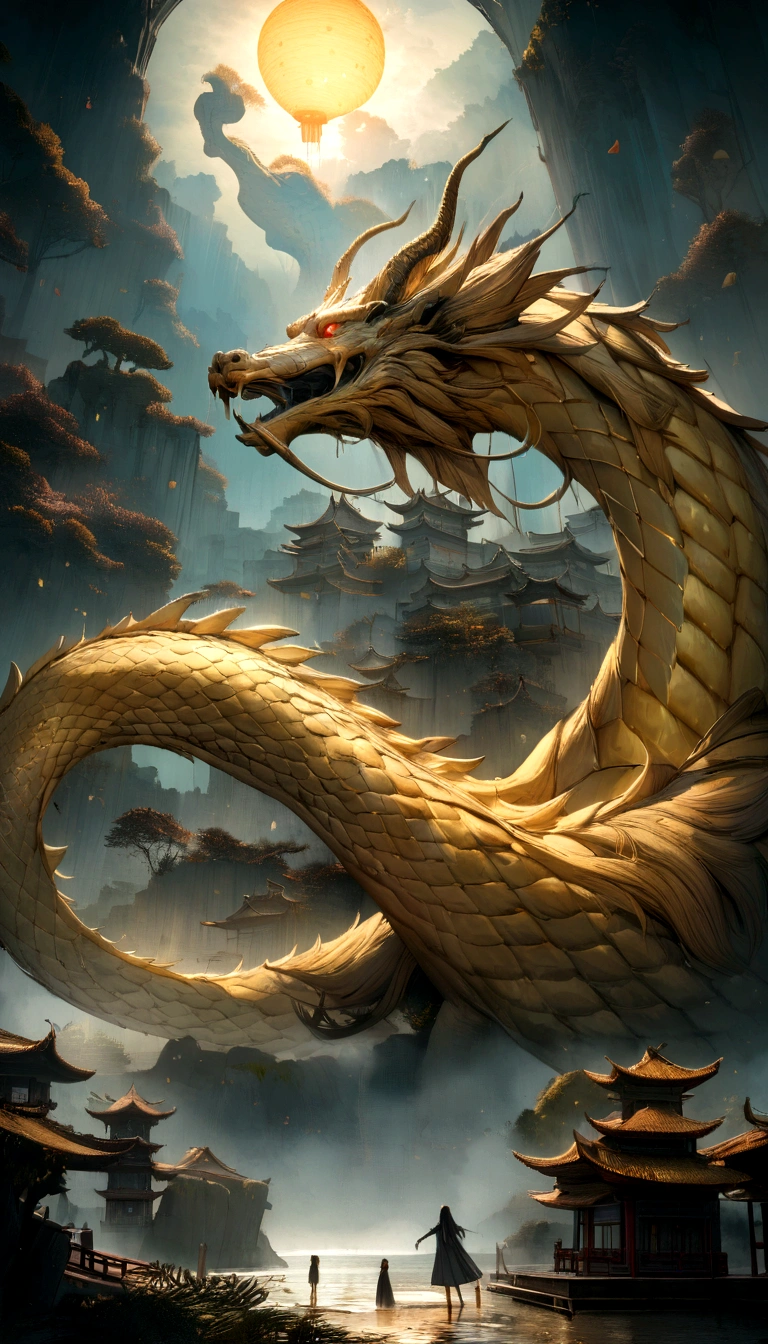 (best quality,8K,Very detailed,Surreal:1.2),Chinese scenery,a huge golden dragon,Hands outstretched,Messy long hair,Glowing Effects,Surreal,中国黑白ink风格,brilho prata,Soft colors,Makeup is dirty,ink,Very detailed,high resolution,Physically Based Rendering
