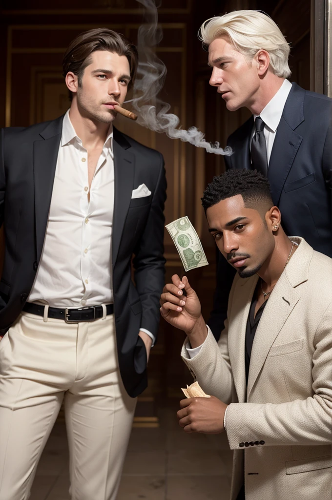 make two friends, a white man with medium hair parted in the middle without a beard smoking a cigar and his dark-skinned friend holding a wad of money