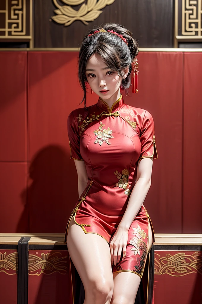 Create a highly detailed and elegant Cheongsam (Qipao) design. The dress should feature intricate floral embroidery, traditional Chinese patterns, and a high collar. The fabric should be silky and glossy, with a rich, deep red color that symbolizes good fortune. Add gold accents and trim to enhance the luxurious feel. The Cheongsam should be form-fitting, highlighting the wearer's figure gracefully, with side slits for ease of movement. Include delicate buttons along the side and an overall sophisticated, timeless look. Temple background, full body