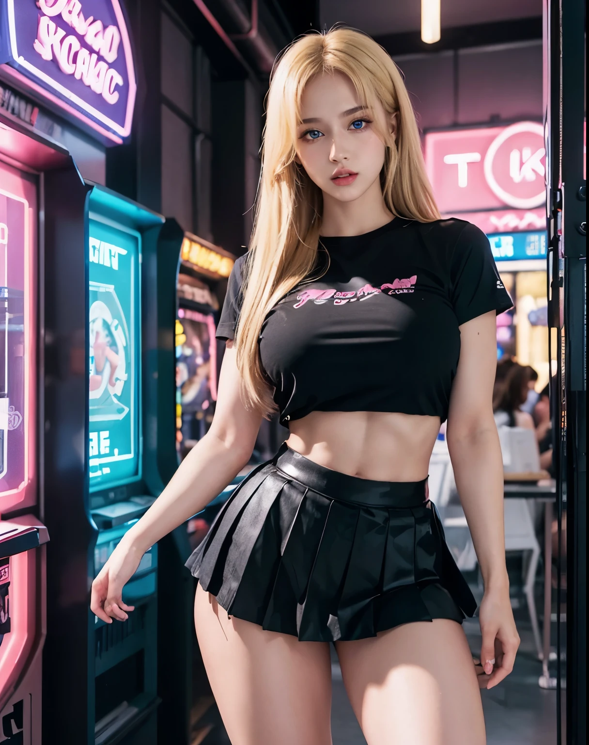 1girl, (Blue Eyes), (seductive face :1.2), wide hips, (big tits :1.1), (big ass), (thin waist :1.2), (thick thighs), (toned legs :1.1), muscle, (Best Quality, 8k, Masterpiece: 1.3), Clear Focus: 1.2, Perfect Body Beauty: 1.4, (strong abs :1.2), Highly detailed face and skin texture, detailed eyes, double eyelids, (shiny skin :1.2), (long blonde straight hair :1.2), (black pleated mini skirt :1.2), (pink t-shirt), standing, dynamic pose, in an arcade store, neon lights in the background
