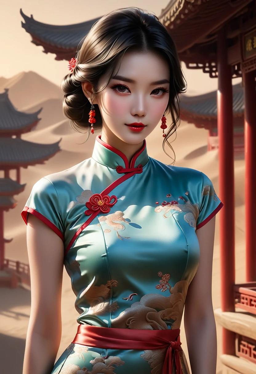 (best quality,4K,8K,high resolution,masterpiece:1.2),Very detailed,(Practical,photoPractical,photo-Practical:1.37),Chinese custom cheongsam,Gangsta Girl,Backlight,Deep Shadows,Silhouette Light,Simple and elegant cheongsam,Charming Chinese design,Simple style,Silk Road Fashion Show,Desert Background,Sunset,Cheongsam series
