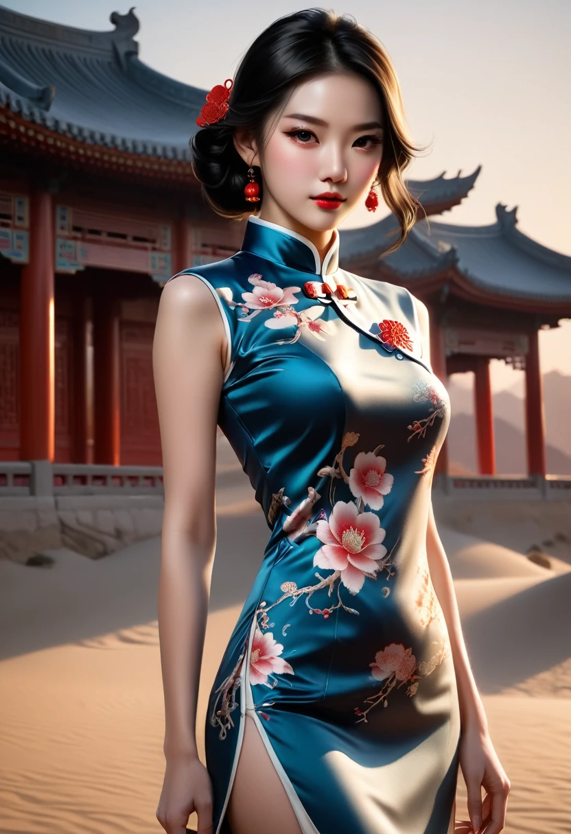 (best quality,4K,8K,high resolution,masterpiece:1.2),Very detailed,(Practical,photoPractical,photo-Practical:1.37),Chinese custom cheongsam,Gangsta Girl,Backlight,Deep Shadows,Silhouette Light,Simple and elegant cheongsam,Charming Chinese design,Simple style,Silk Road Fashion Show,Desert Background,Sunset,Cheongsam series