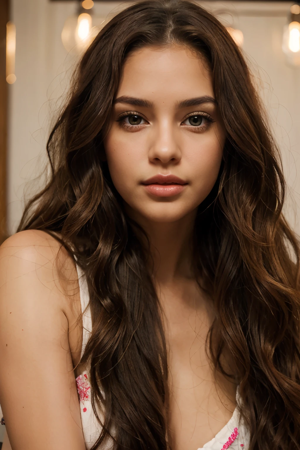 create image of sensual woman face, long wavy hair, thick lip, bright Eyes, fine features, light skin color