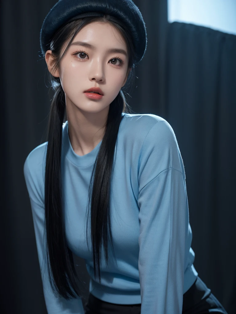 korean model , slim body , 167cm ，Movie Angle，long black ponytails hairstyle, （Cute girls，anatomy correct，blue tshirt），(blue beret hat)（ art，geomerty），（plethora of colorest quality，high detal，tmasterpiece，Cinematic lighting effects，4K，Chiaroscuro）