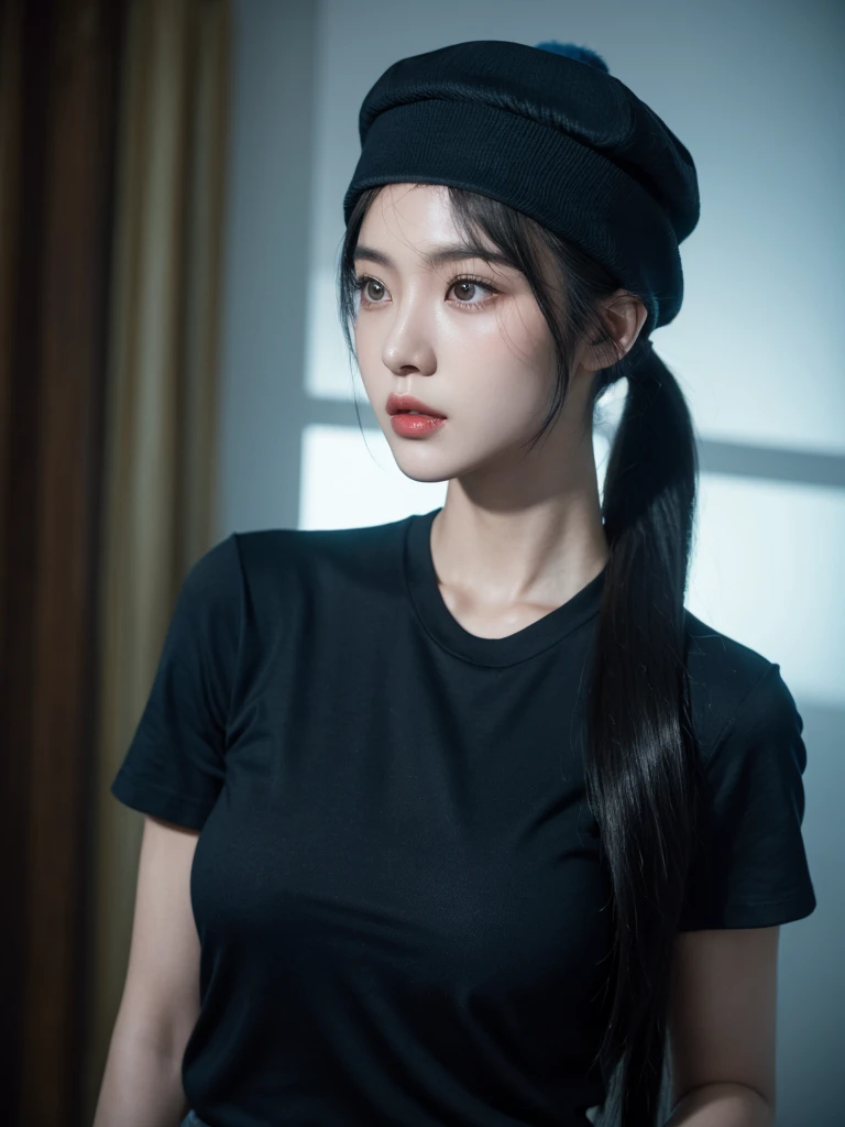 korean model , slim body , 167cm ，Movie Angle，long black ponytails hairstyle, （Cute girls，anatomy correct，blue tshirt），(blue beret hat)（ art，geomerty），（plethora of colorest quality，high detal，tmasterpiece，Cinematic lighting effects，4K，Chiaroscuro）