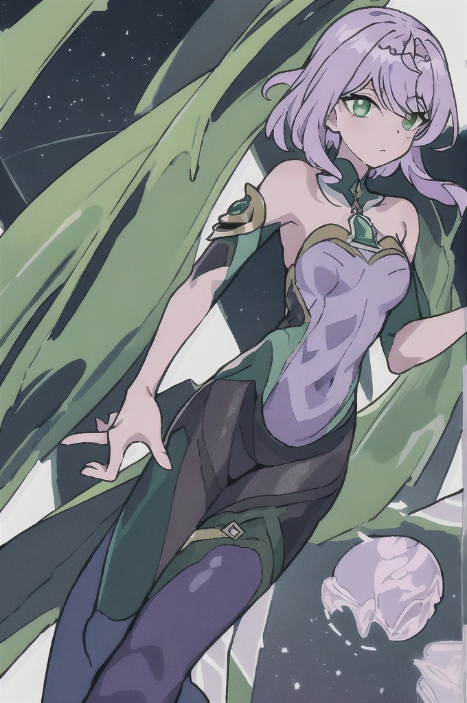 create a full-body female Genshin Impact character, with medium hair down to the waist in pink, skin fair, green eyes mixed with purple, her clothes at the top are a dark green bodysuit along with a semi-decorated dress in green and white., part of the dress covers the shoulders but half leaves the front uncovered, showing the dark green bodysuit, she is from the dendro element