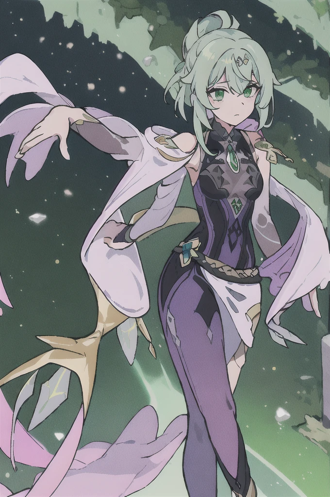 create a full-body female Genshin Impact character, with medium hair down to the waist in pink, skin fair, green eyes mixed with purple, her clothes at the top are a dark green bodysuit along with a semi-decorated dress in green and white., part of the dress covers the shoulders but half leaves the front uncovered, showing the dark green bodysuit, she is from the dendro element
