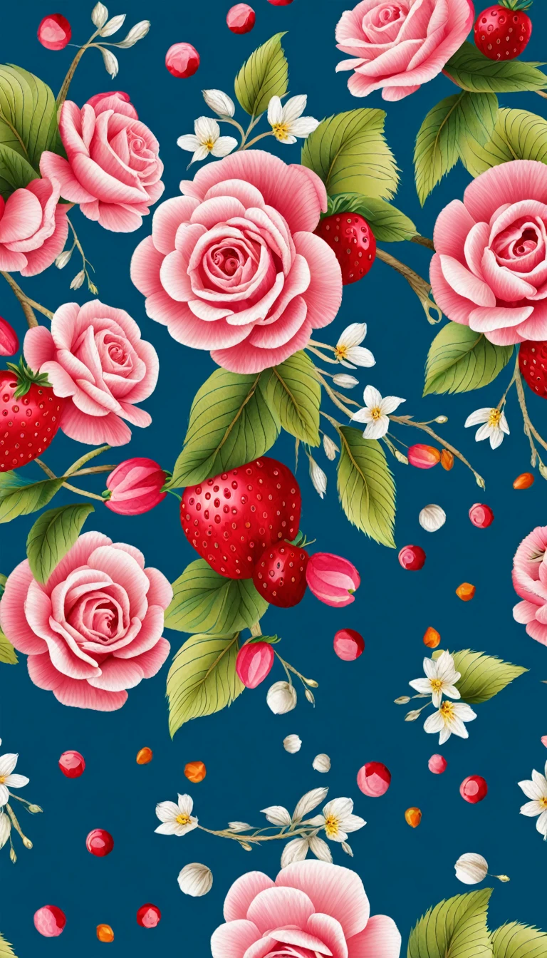 Seas of freshness with the Ocean tropical PATTERN in the (DARK BLUE BACKGROUND)— ocean breeze, sun-bleached driftwood, and a touch of salty sea air. colorful pearls, jewels, ((butterfly)), ((WHITE PEARL)), (strawberry), pink rose || (embroidery) seamless pattern, fruit, butterfly, Best quality, masterpiece, ultra high res, (photo realistic:1.4), surrealism, dream-like, ((abstract art)), vector arts, ((SAKURA FLOWER)) a close up of a floral pattern on (BLUE BACKGROUND), floral wallpaper, ornate floral, floral pattern, floral explosion, floral! intricate, floral flowers colorful, chinoiserie pattern, flowery wallpaper, floral renewal, with colorful flowers and plants, floral dream, garden flowers pattern, floral patterned skin, floral design, floral motives, boho floral vines IN (BLUE BACKGROUND)