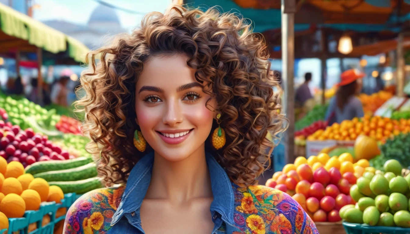 Ultra-realistic image of a beautiful brunette woman with curly hair, standing in a vibrant fruit market. She has warm brown eyes and a friendly smile, wearing a stylish outfit suitable for a sunny day. The scene is filled with colorful fruits and vegetables, with various market stalls in the background. The image captures the fine details of her features, her curly hair, and the rich textures and colors of the fresh produce around her. High detail, photorealistic, 8K resolution