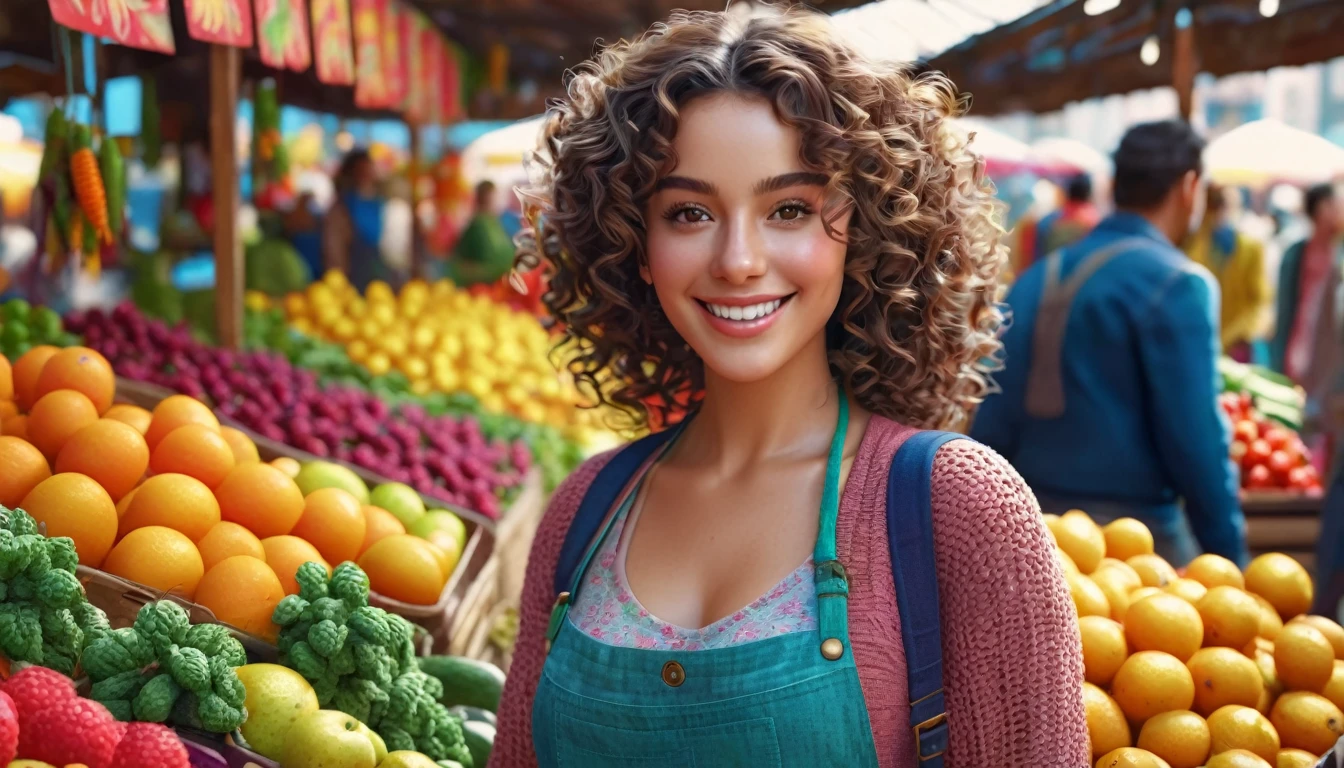 Ultra-realistic image of a beautiful brunette woman with curly hair, standing in a vibrant fruit market. She has warm brown eyes and a friendly smile, wearing a stylish outfit suitable for a sunny day. The scene is filled with colorful fruits and vegetables, with various market stalls in the background. The image captures the fine details of her features, her curly hair, and the rich textures and colors of the fresh produce around her. High detail, photorealistic, 8K resolution