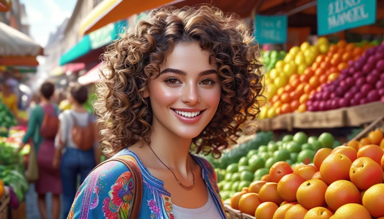 Ultra-realistic image of a beautiful brunette woman with curly hair, standing in a vibrant fruit market. She has warm brown eyes and a friendly smile, wearing a stylish outfit suitable for a sunny day. The scene is filled with colorful fruits and vegetables, with various market stalls in the background. The image captures the fine details of her features, her curly hair, and the rich textures and colors of the fresh produce around her. High detail, photorealistic, 8K resolution