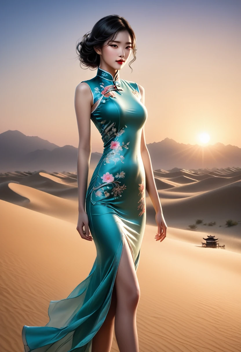 (best quality,4K,8K,high resolution,masterpiece:1.2),Very detailed,(Practical,photoPractical,photo-Practical:1.37),Chinese custom cheongsam,Gangsta Girl,Backlight,Deep Shadows,Silhouette Light,Simple and elegant cheongsam,Charming Chinese design,Simple style,Silk Road Fashion Show,Desert Background,Sunset,Cheongsam series