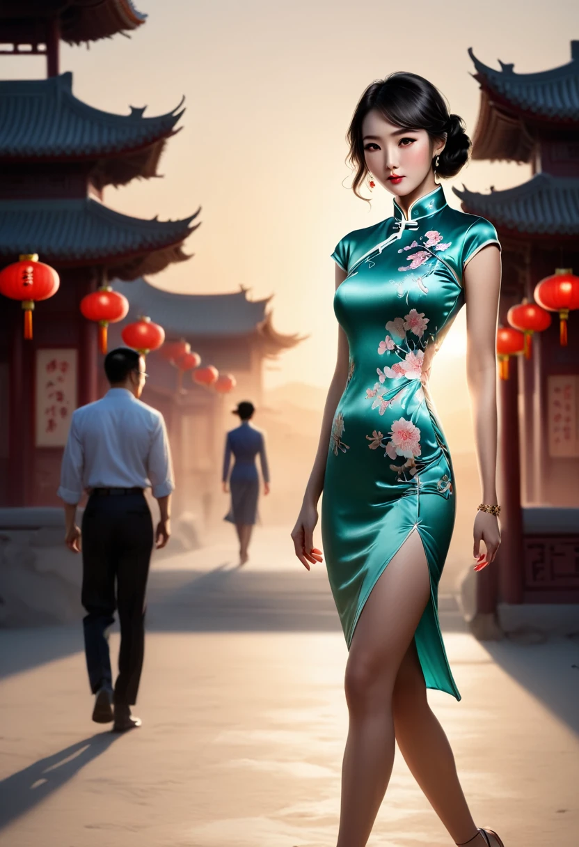 (best quality,4K,8K,high resolution,masterpiece:1.2),Very detailed,(Practical,photoPractical,photo-Practical:1.37),Chinese custom cheongsam,Gangsta Girl,Backlight,Deep Shadows,Silhouette Light,Simple and elegant cheongsam,Charming Chinese design,Simple style,Silk Road Fashion Show,Desert Background,Sunset,Cheongsam series