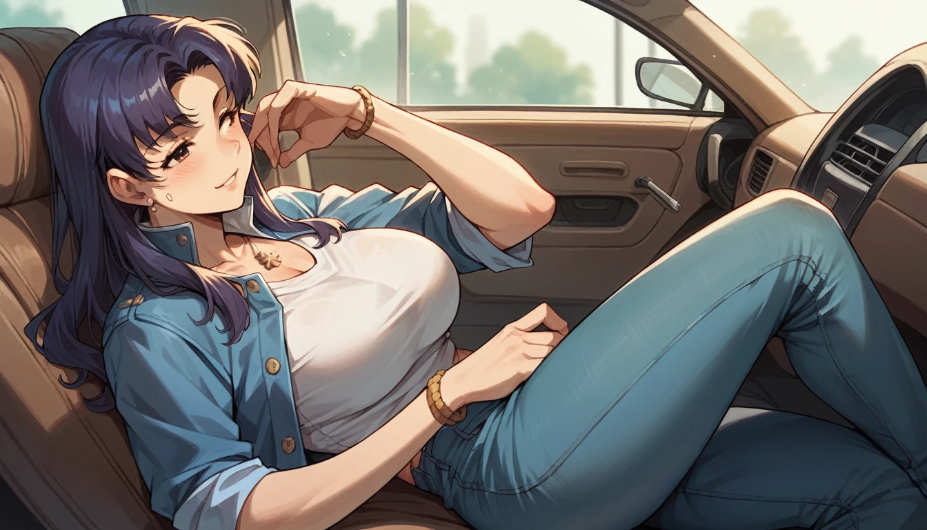  mature woman,misato katsuragi, blue cropped, jeans, in the side of a blue gol car