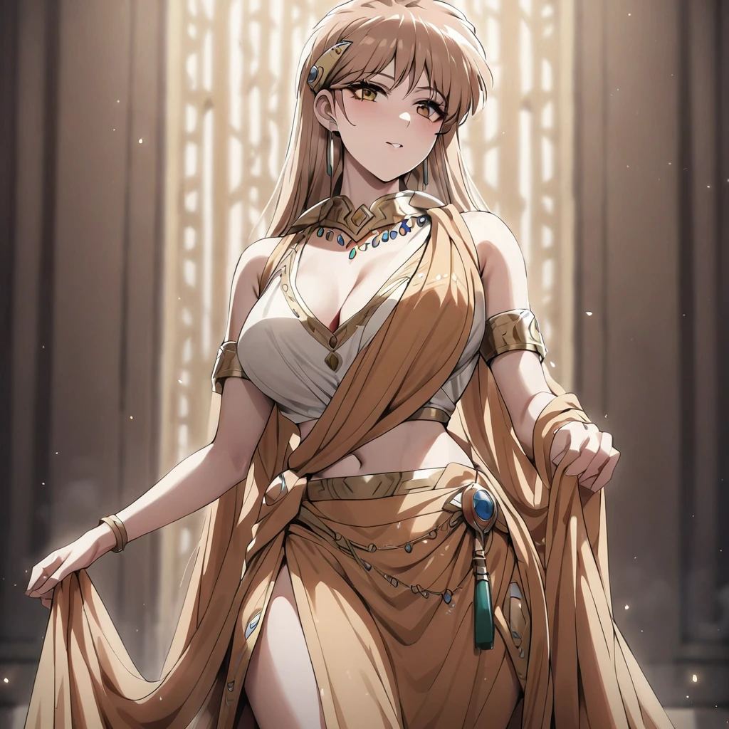 ((Highest quality)), ((masterpiece)), (detailed), (Perfect Face)、The woman is Princess Leona, with long light brown hair and wearing a gorgeous Indian traditional outfit including a sari.
