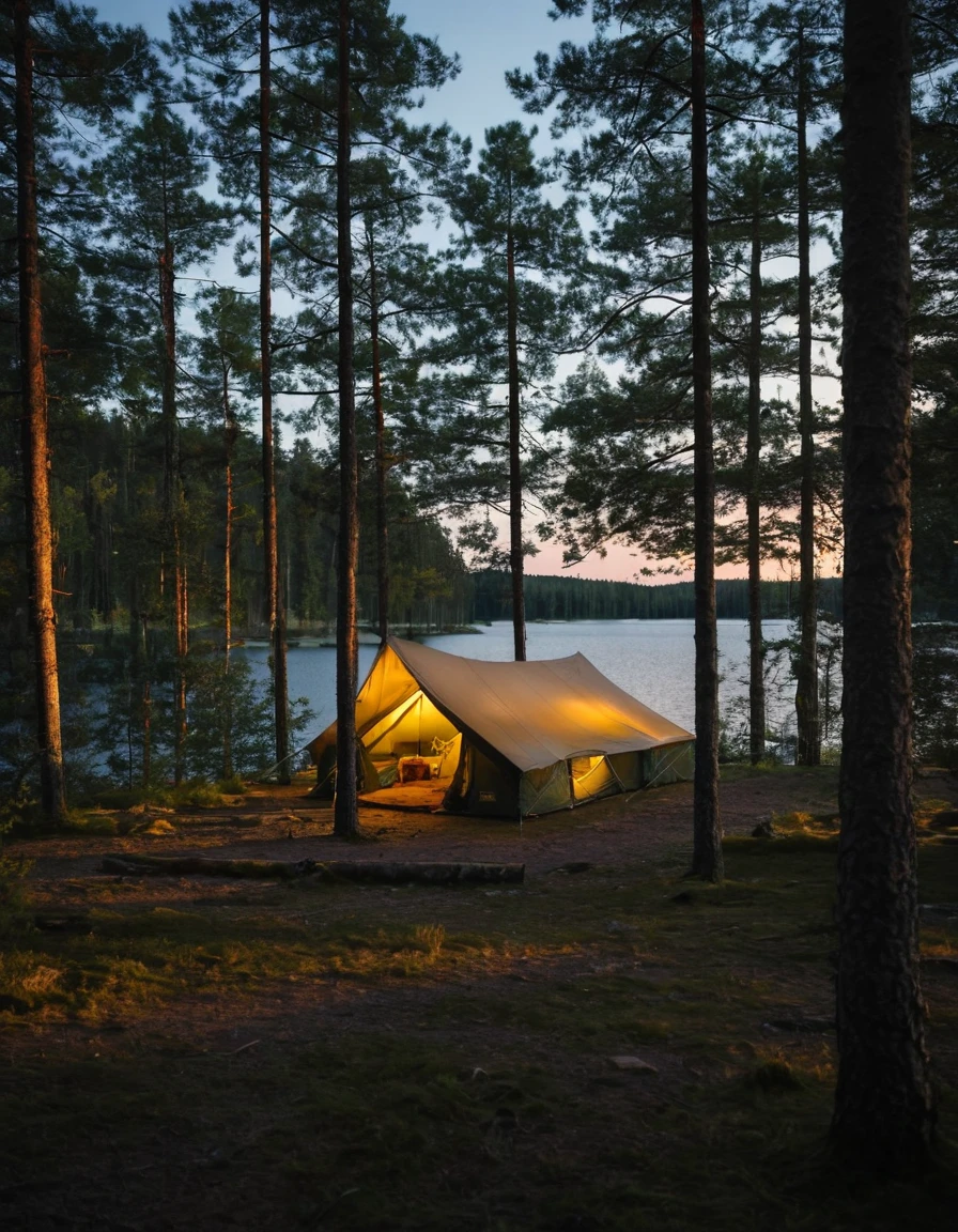 there is a tent set up on the shore of a lake, tent architecture, camping, campsites, camp, dusk setting, canopee, canopies, silk tarps hanging, well shaded, !!beautiful!!, by Jaakko Mattila, full subject shown in photo, by Jens Søndergaard, scenic full shot, near a lake