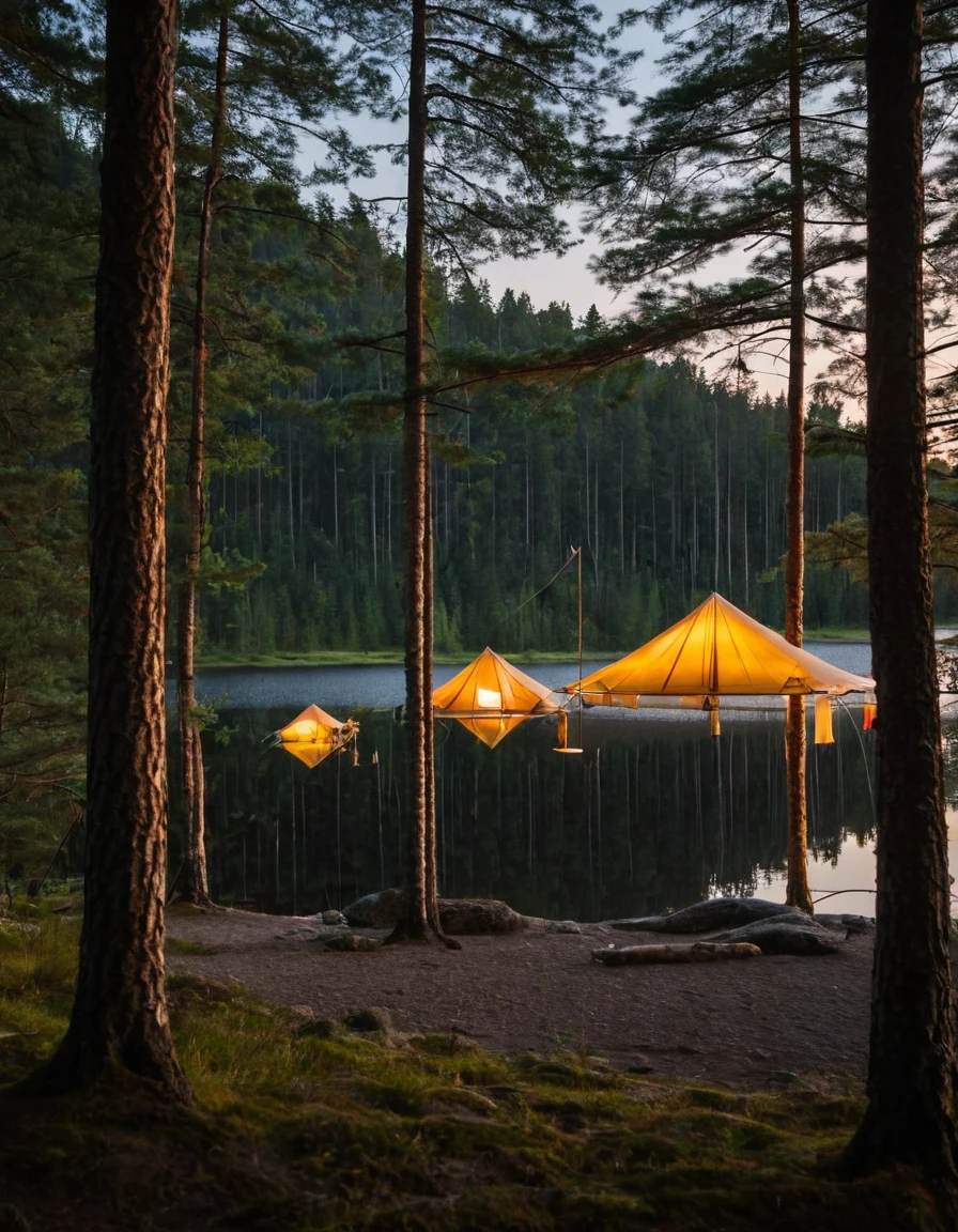there is a tent set up on the shore of a lake, tent architecture, camping, campsites, camp, dusk setting, canopee, canopies, silk tarps hanging, well shaded, !!beautiful!!, by Jaakko Mattila, full subject shown in photo, by Jens Søndergaard, scenic full shot, near a lake