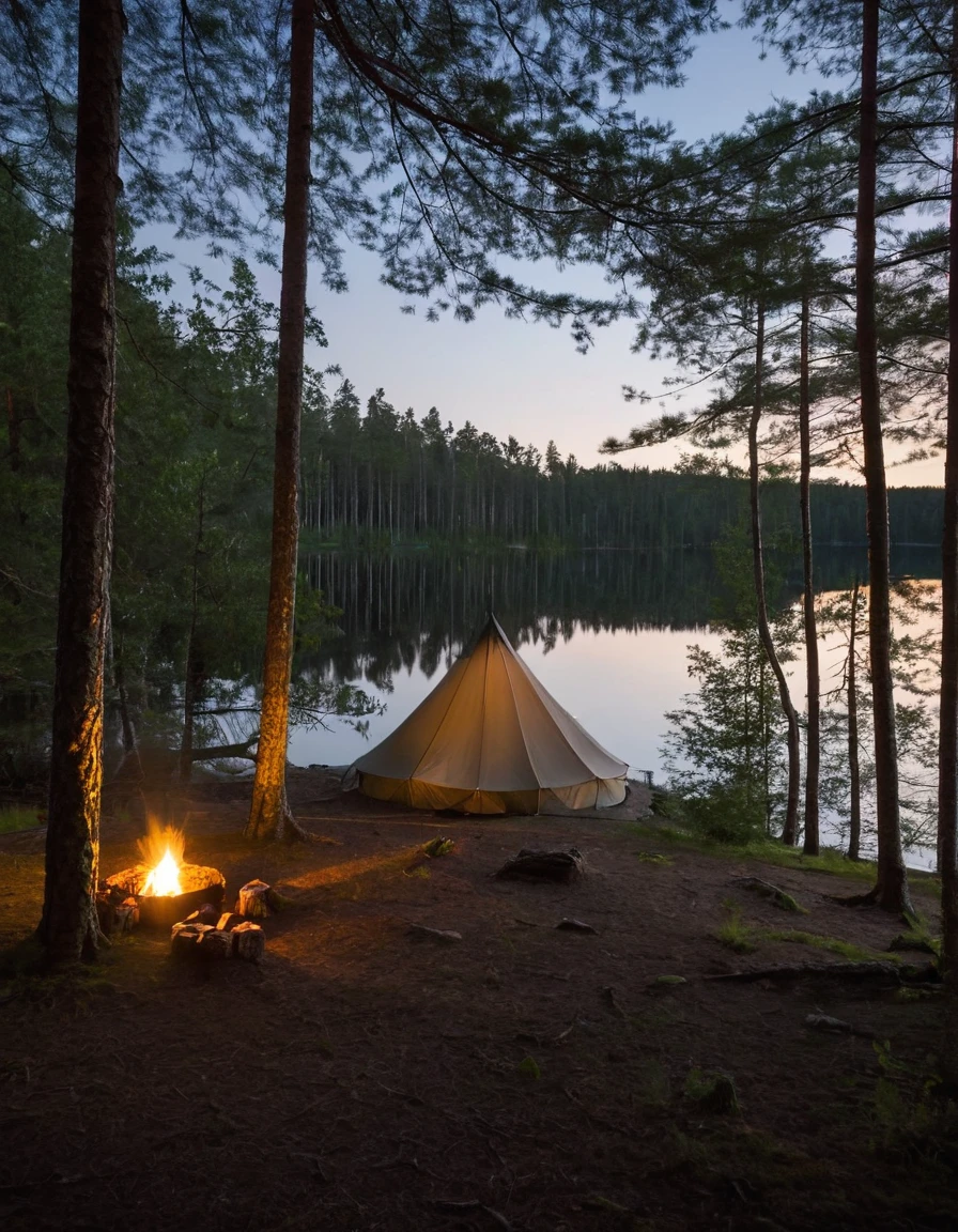 there is a tent set up on the shore of a lake, tent architecture, camping, campsites, camp, dusk setting, canopee, canopies, silk tarps hanging, well shaded, !!beautiful!!, by Jaakko Mattila, full subject shown in photo, by Jens Søndergaard, scenic full shot, near a lake