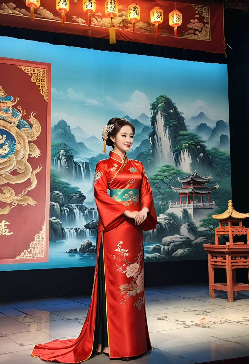 photography, with a woman as an actress wearing a custom-made qipao according to the plot. In the filming of ancient costume dramas, she is dedicated to presenting the character's image and the emotions of the story. The background is the busy crew and the historical stage, and the screen mainly depicts the girl's performance, (masterpiece, best quality, Professional, perfect composition, very aesthetic, absurdres, ultra-detailed, intricate details:1.3)