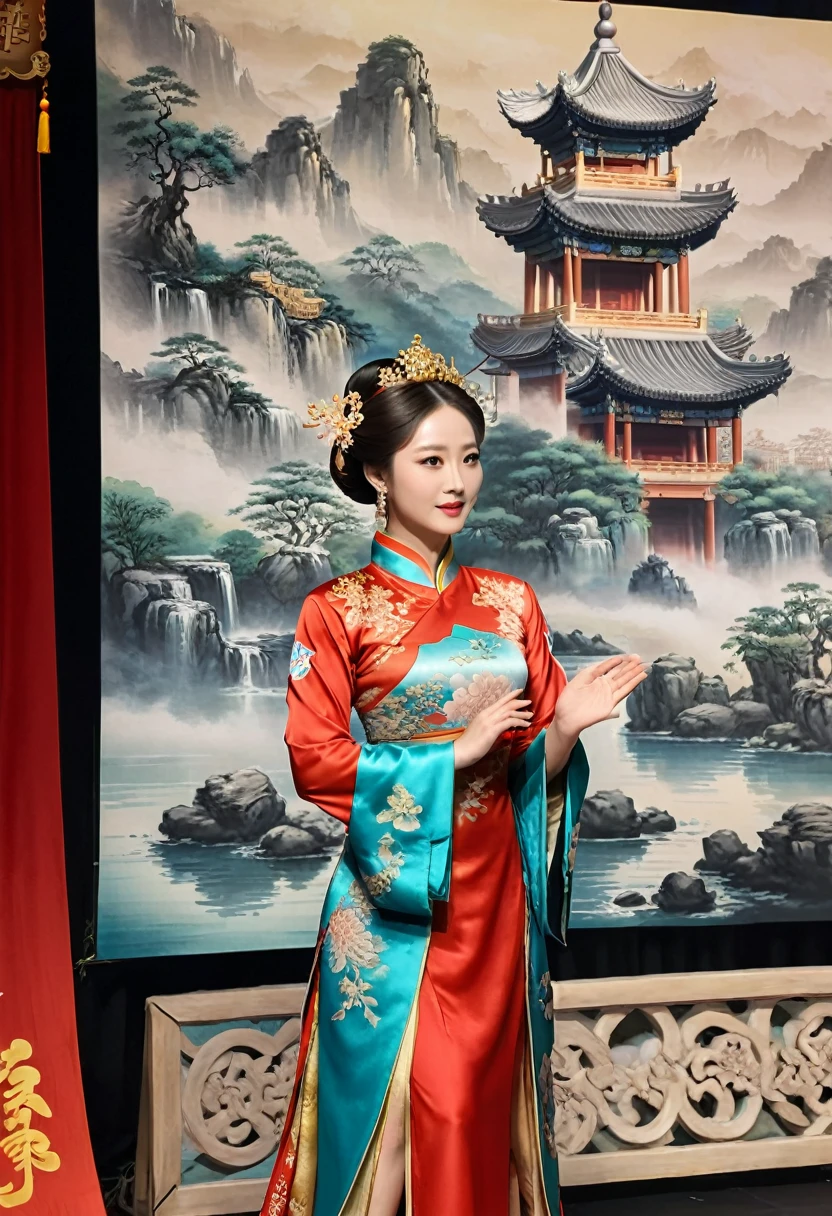 photography, with a woman as an actress wearing a custom-made qipao according to the plot. In the filming of ancient costume dramas, she is dedicated to presenting the character's image and the emotions of the story. The background is the busy crew and the historical stage, and the screen mainly depicts the girl's performance, (masterpiece, best quality, Professional, perfect composition, very aesthetic, absurdres, ultra-detailed, intricate details:1.3)