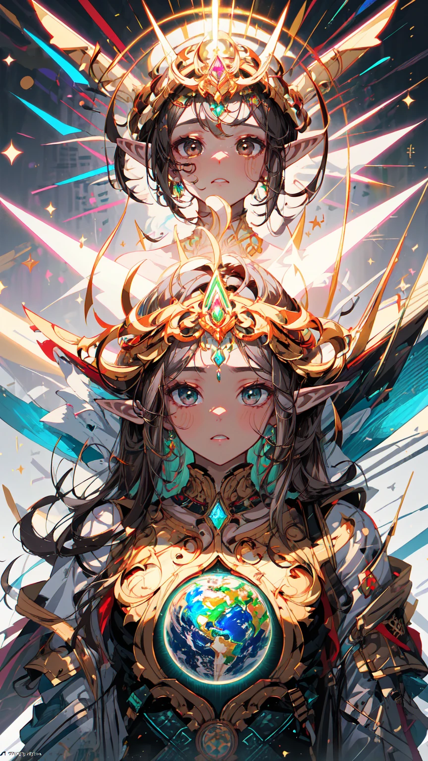 Close shot potrait,(((Half body Potrait of an earth elf))), (dark brown hair1.2), (brown color skin1.3), a bit muscular, a crystal at the middle of the forehead, sexy indian style costume, brown and earthy theme, (shiny gray eyes:1.2), earth block floating around, glowing golden tattoos, golden jewelry,by Mappa studios,masterpiece,best quality,official art,illustration,ligne claire,(cool_color),perfect composition,absurdres, fantasy,focused,rule of third