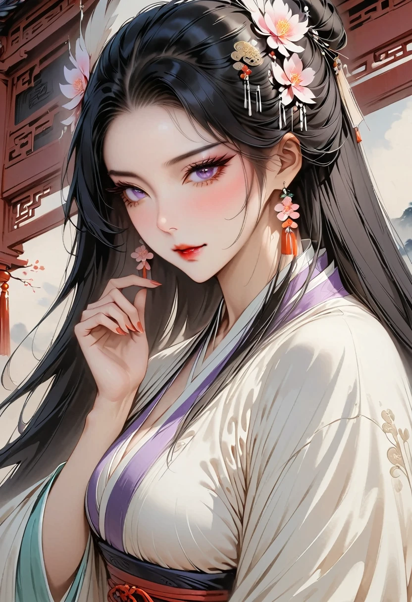 (masterpiece, best quality:1.2), 1 woman, Hanfu, (fully naked), (delicate and beautiful face:1.8), mature, laugh, black hair, hairpin, purple eyes, seat, beautiful bridge, (ink stain) beautiful portrait, traditional china painting, from below, masterpiece, high details