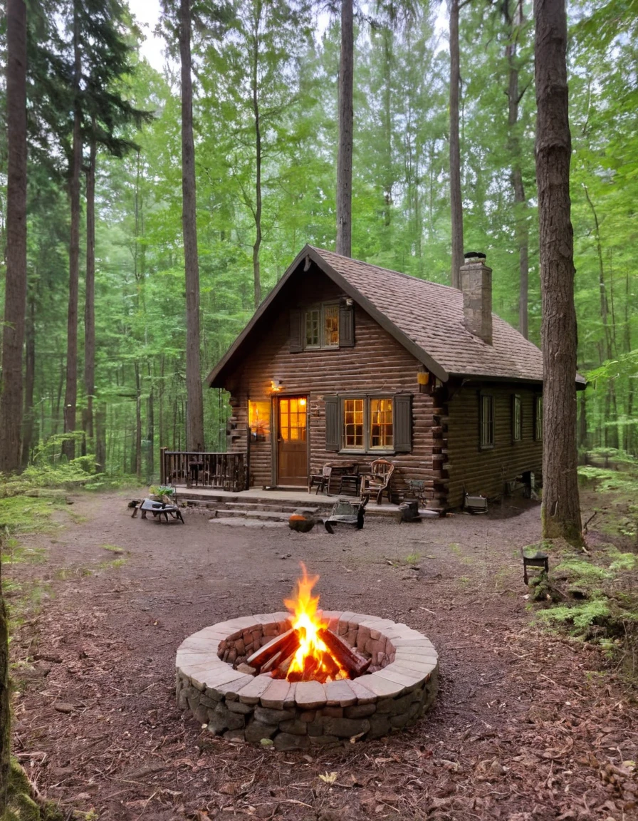 there is a small cabin with a fire pit in the middle of the woods, cabin in the woods, cottage in the woods, cottage in the forest, cozy place, cottagecore, witch cottage in the forest, a brick cabin in the woods, cottagecore!!, solitary cottage in the woods, log cabin, cozy and peaceful atmosphere