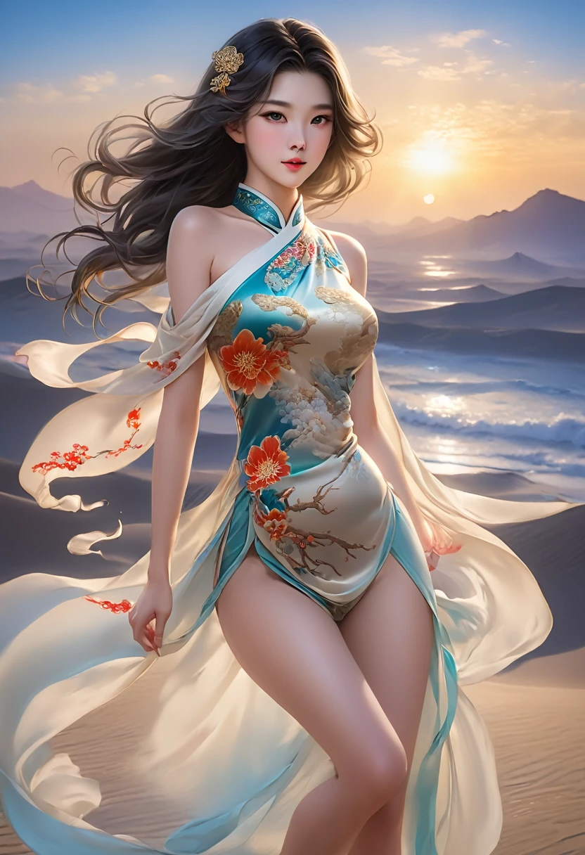 ((masterpiece)), ((High Detail)), photography，real picture，1 Cheongsam Girl, Wearing cheongsam，Silky Traditional Oriental Cheongsam，Silky Traditional Oriental Cheongsam，((极其detailed)),((Delicate face)), 美丽细致的Eye睛, (emphasize,Gradient hair),Long hair, Flowing hair, ,两Eye之间的毛发, GS Head,1 Girl ,Solitary,Eye,Genshin Impact_Influence,Look at the audience, ((Vision)), Foot wide-angle shooting, Strong light and shadow, Lenses，masterpiece，Super quality， sand漠，On Cheongsam，Silk cheongsam，18 years old，大Eye睛，Long hair coiled，Sunset，The whole role，Off-the-shoulder design，Showing legs，Snow-white thighs，Long legs，Full Body Love，8K，Ultra-clear resolution，Ultra-fine painting，平坦的sand漠，Distant Horizon，辽阔的sand漠，sand，Wear flowing clothes、Silky Traditional Oriental Cheongsam，decorated with intricate patterns and bright colors，Highlight her sexy silhouette，((背景是一片广阔平坦的sand漠)),masterpiece，Ultra-realistic details，Epic fantasy digital art style，Dunhuang art style，8K,广角Lenses，Diagonal composition，photography艺术，（Extremely exquisite and beautiful），（masterpiece），（Best quality：1.0），（超high resolution：1.0），Beautiful light，Perfect Lightning，Realistic shadows，[high resolution]，Delicate skin，极其detailed，Slim body，Long legs，Beautiful and delicate girl, , Unbelievable and ridiculous, Huge file size, 极其detailed, high resolution, 非常detailed，Best quality，masterpiece，need,((masterpiece)), (detailed),Ultra-delicate，Epic fantasy digital art style，这个女孩有一头飘逸的Long hair，Silk Road，平坦的sand漠，Gobi，辽阔的sand漠，desolate and ，Distant Horizon，Sunset，sand漠边缘的女孩，((The whole role))，((Background shadows:1.2)),hurricane，Scarf is connected to the body，Modern Clothing，Silk scarves flutter in the wind，it&#39;s very windy，Strong wind，it&#39;s very windy，使用专业photography相机拍摄的照片，Extremely realistic textures,(1 Girl