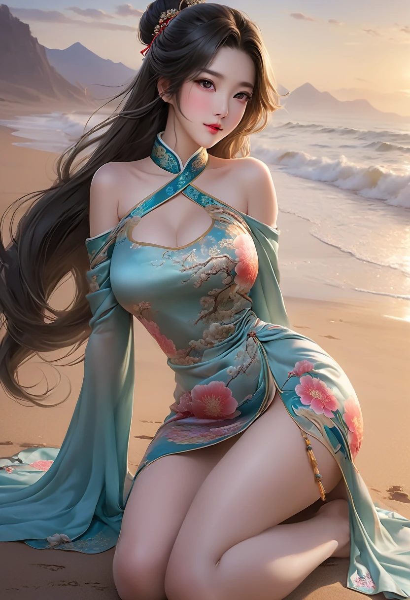 ((最大16K解像度のmasterpiece:1.6)),beautiful,Highest quality,Absolutely wonderful,Very detailed,Ultra-high resolution,masterpiece,Realistic,Realistic,Increased depth of field,Cinematic Light,
One elegant mature woman, Long black hair,beautiful顔,Very detailedな顔の表現,Face with a gentle expression,Transparent white skin,Very delicate skin texture,Great proportions,Anatomically correct body,
High leg swimsuit,Gorgeous colors,Gorgeous and detailed pattern,Beautifully detailed pattern,Detailed cloth texture,
Late night beach,Dark Sky,Dark sea surface,
Focus on the upper body,((Face close-up:1.5)),