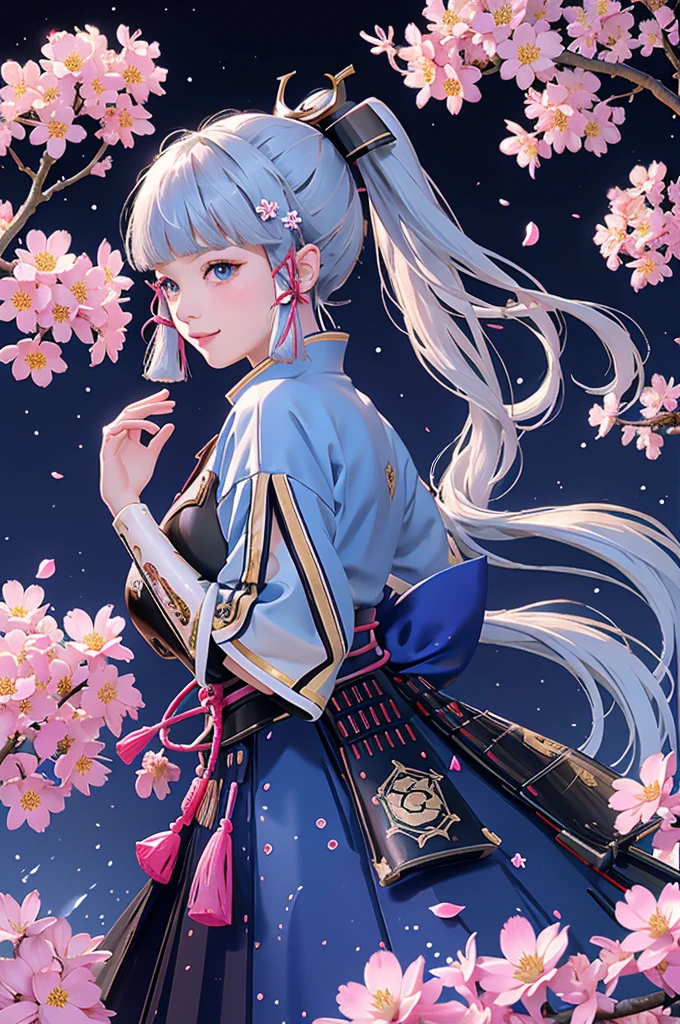((kamisatoayakadef)),1 Anime Girl, Warrior, Realistic people,Realistic, beautiful, smile, elegant, Majestic, Splash Art, Particles of light, Diamond Blade, Dynamic pose, ((fan、fanを持っている))((fanを広げる)),milky way, (Fractal Art:1.1),(Ice Flower:1.4), Most detailed,(抽象的なbackground:1.1), (Shiny skin), (Many colors:1.4), Ultra-high resolution,, masterpiece, Accurate, Anatomically correct, texture.(background:Cherry tree、Cherry Blossom、petal、Wind、旋Wind)