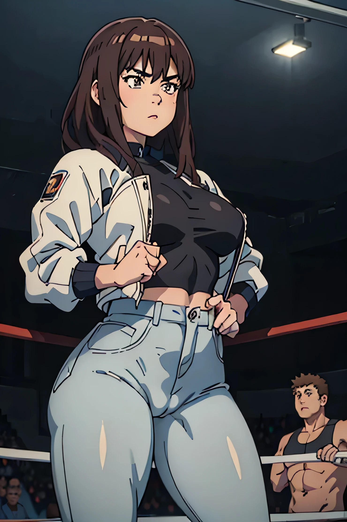 Solo girl , (wrestling ring background)) , body shot, kiruko from tengeku daimakyo , hot pose standing , littel bit busty , looking at the viewer , ((beautiful eyes)), slutty expressions, gray brown messy hair short, hairbangs , thick eyebrows, femenine , scar above her nose, wears a black top tight on her big breasts , on top of it is a pumping white opened puffy jacket with black collars and hands, wears a high waisted gray jeans tight on her thicc thighs , pussy camel toe prominent, inclined brown thick belt. Curvy thighs