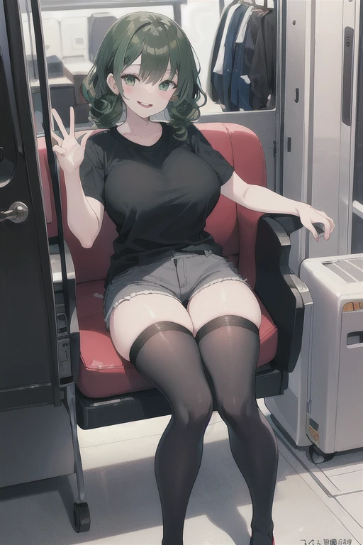 manga cover, 19 year old young girl, green and black curly hair, fly away, wearing black shirt, wearing short gray shorts, wearing thigh-high stockings, smiling, breasts big, greeneyes.