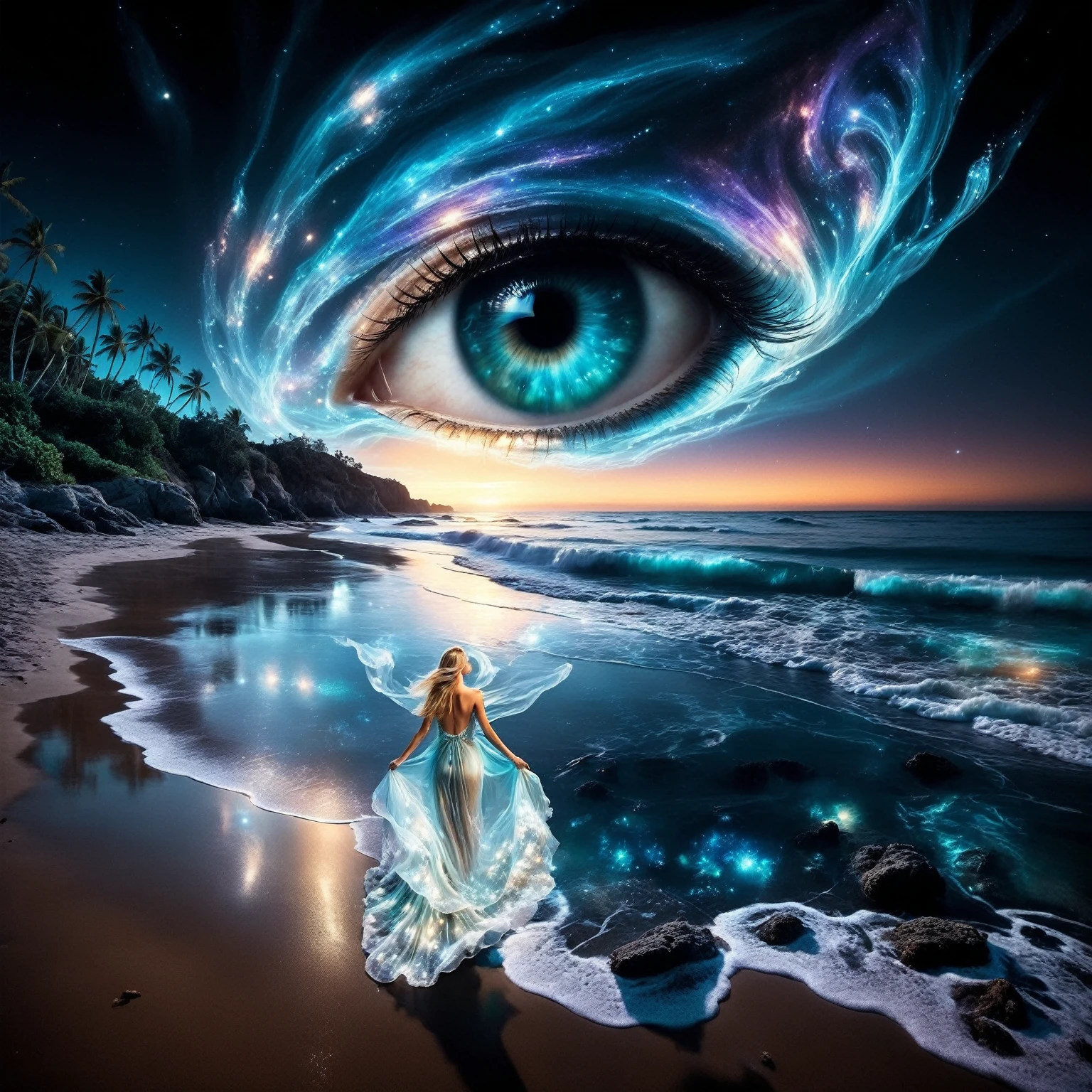 in the foreground, a blonde woman with long flowing hair stands on a sandy beach. She wears a transparent, flowing dress that appears to be made of swirling, glowing ethereal patterns, reminiscent of the northern lights. Her face is turned skyward, as if contemplating the wonders of the universe. Her bare feet are planted in the sand, and her dress floats around her like a cloud. The water near the woman should be very transparent, revealing bioluminescent glowing algae and marine fauna.the woman. Background: Behind the woman, the beach stretches towards the horizon. The sea is crystal-clear and deep blue. Soft, bioluminescent light-green glowing waves break on the shore, creating a soothing rhythm. The night sky is filled with twinkling stars. A majestic galaxy swirls over the beach, forming a giant, detailed eye in the sky. The eye's vibrant colors reflect beautifully on the crystal-clear, bioluminescent water below. Colors: Use iridescent shades of blue, turquoise, orange and violet with luminous sparkles. The overall mood of the photo is dark, ethereal and haunting. The bioluminescent light of the sea creates a magical, fairytale atmosphere, while the twinkling stars and swirling galaxy add a sense of mystery and wonder.The woman standing on the beach seems to be in communion with nature and the universe, adding a touch of serenity to the scene. The overall style of the photo is fantastic or supernatural. Vivid colors, flowing forms and intricate details create a captivating, imaginary world. (masterpiece, best quality, Professional, perfect composition, very aesthetic, absurdres, ultra-detailed, intricate details:1.3)