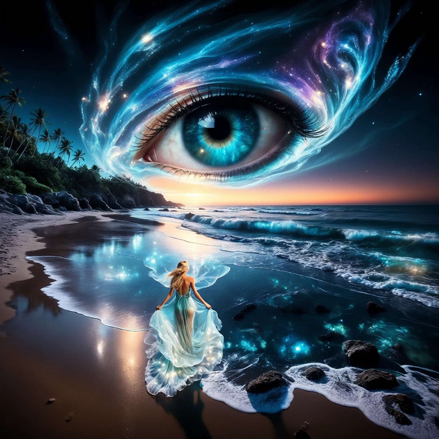 in the foreground, a blonde woman with long flowing hair stands on a sandy beach. She wears a transparent, flowing dress that appears to be made of swirling, glowing ethereal patterns, reminiscent of the northern lights. Her face is turned skyward, as if contemplating the wonders of the universe. Her bare feet are planted in the sand, and her dress floats around her like a cloud. The water near the woman should be very transparent, revealing bioluminescent glowing algae and marine fauna.the woman. Background: Behind the woman, the beach stretches towards the horizon. The sea is crystal-clear and deep blue. Soft, bioluminescent light-green glowing waves break on the shore, creating a soothing rhythm. The night sky is filled with twinkling stars. A majestic galaxy swirls over the beach, forming a giant, detailed eye in the sky. The eye's vibrant colors reflect beautifully on the crystal-clear, bioluminescent water below. Colors: Use iridescent shades of blue, turquoise, orange and violet with luminous sparkles. The overall mood of the photo is dark, ethereal and haunting. The bioluminescent light of the sea creates a magical, fairytale atmosphere, while the twinkling stars and swirling galaxy add a sense of mystery and wonder.The woman standing on the beach seems to be in communion with nature and the universe, adding a touch of serenity to the scene. The overall style of the photo is fantastic or supernatural. Vivid colors, flowing forms and intricate details create a captivating, imaginary world. (masterpiece, best quality, Professional, perfect composition, very aesthetic, absurdres, ultra-detailed, intricate details:1.3)