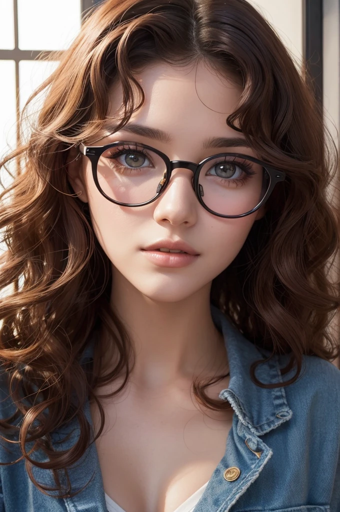 1 girl,Brunetette,star eyes with glasses,curly hair and perfect lighting